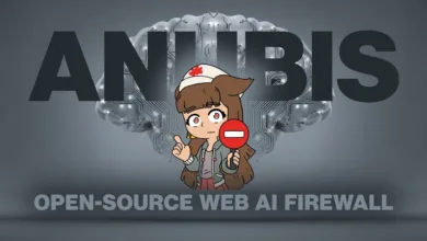 Anubis open-source web AI firewall with cartoon nurse holding stop sign.