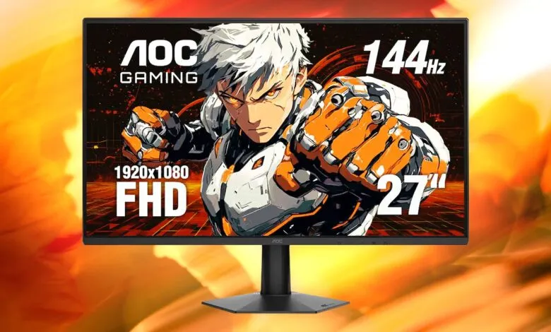 AOC 27-inch gaming monitor displaying a stylized anime character.