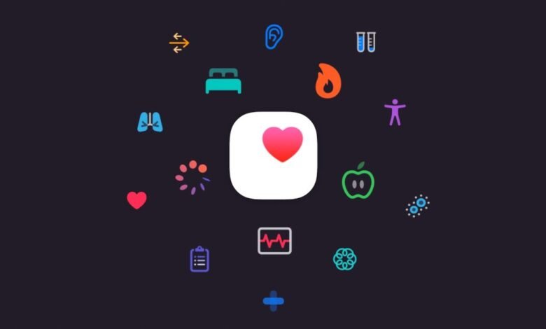 Apple Health app icon surrounded by health-related icons.