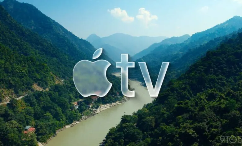 Apple TV logo overlayed on a lush mountain valley landscape.