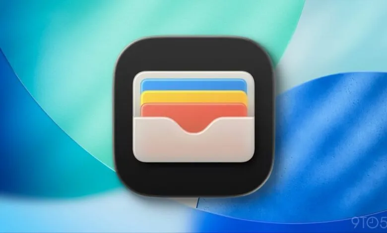 Apple Wallet app icon with blue, yellow, and red cards on a blurred background.