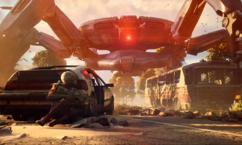 Futuristic soldier takes cover from a massive robotic spider-like drone.