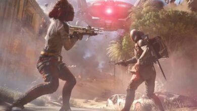 Two figures in a war-torn landscape, aiming weapons at a large aircraft.