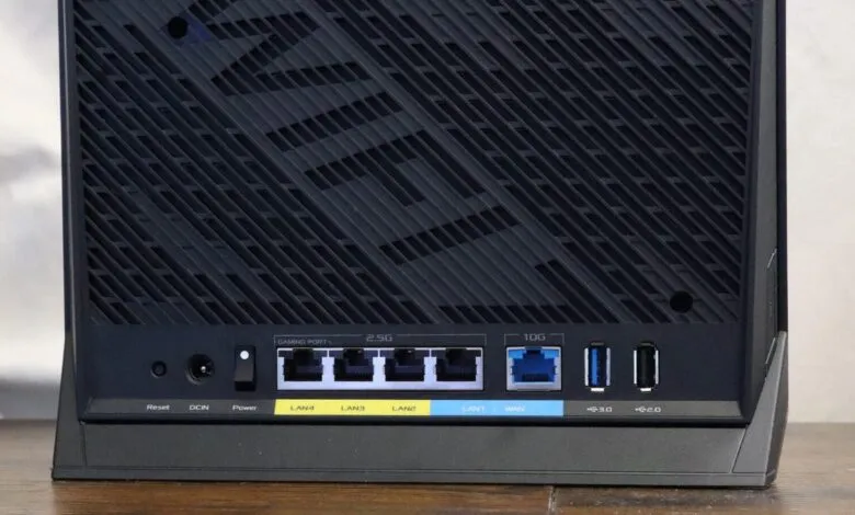 Close-up of ASUS RT-BE58GO router ports and rear panel.