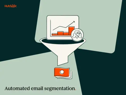 Email segmentation funnel with data chart, customer icon, and money.