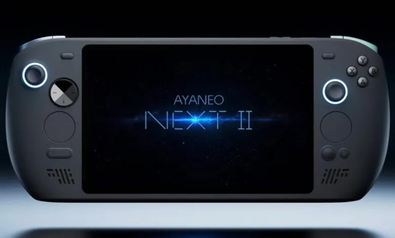 Ayaneo Next II handheld gaming device with illuminated controls.