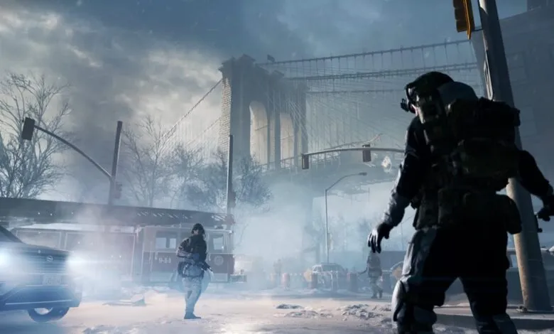 Soldiers in snowy urban setting with bridge in background.