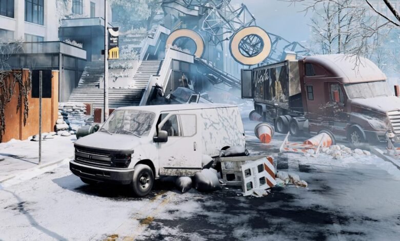 Snowy urban scene with a van, truck, and debris suggesting a post-apocalyptic setting.