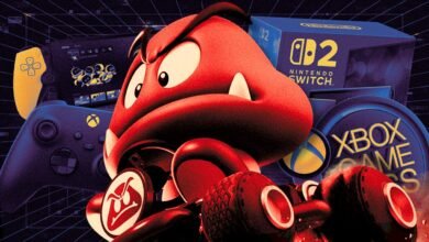 Gaming consoles and accessories featuring a Goomba in a kart.