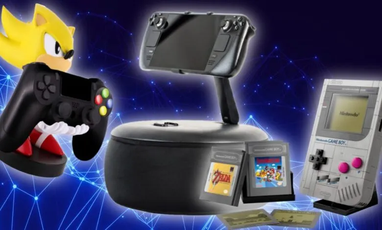 Gaming gifts: Sonic controller holder, Steam Deck, and Game Boy.