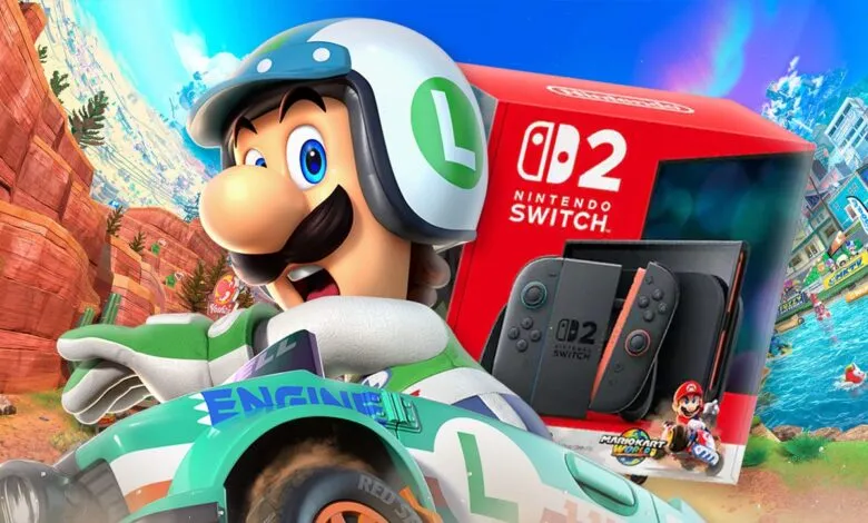 Luigi driving in front of a Nintendo Switch 2 box, vibrant and playful.