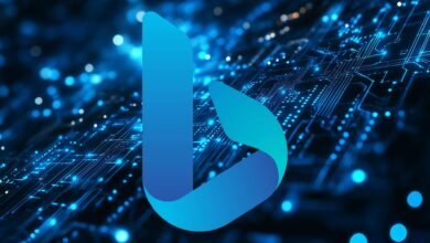 Bing logo over a circuit board pattern with blue bokeh lights.