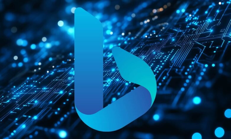 Bing logo over a circuit board pattern with blue bokeh lights.