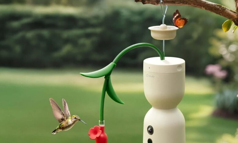 Smart bird feeder with hummingbird and butterfly in a garden setting.