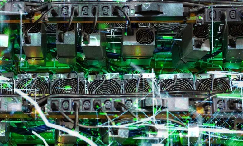 Rows of Bitcoin mining hardware with cooling fans and power supplies.