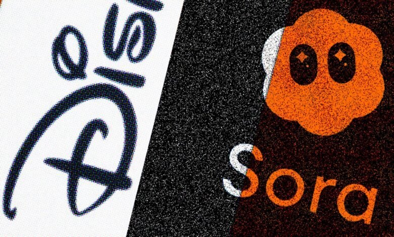 Disney and Sora logos split on textured background, orange and white.