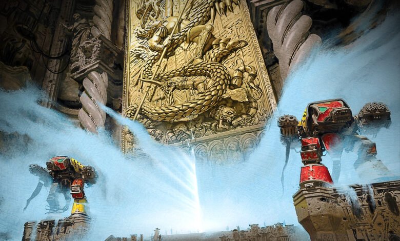 Two mechs stand guard before a golden, ornate temple entrance.