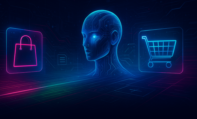 AI head with shopping bag and cart icons, representing e-commerce.