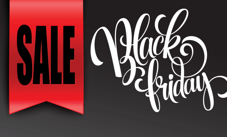 Black Friday sale banner with red ribbon and elegant white script.