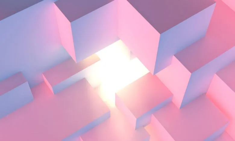 Abstract geometric design with pink and white blocks and a central light source.