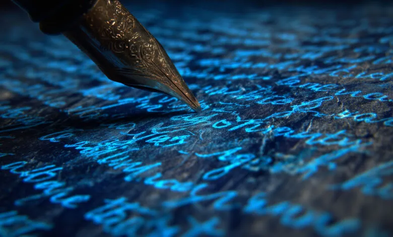 Close-up of ornate fountain pen writing in blue ink on textured paper.