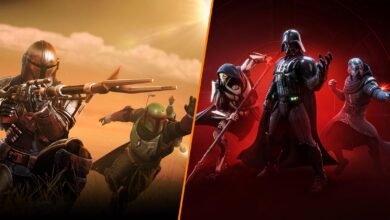 Split image: Mandalorian, Boba Fett vs. Darth Vader, Kylo Ren, Destiny character.