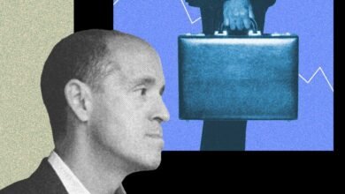 Stylized image of a man's profile and a briefcase against a financial chart background.