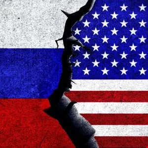 Cracked image showing the flags of Russia and the United States.