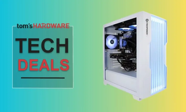 CyberpowerPC gaming PC with RGB lighting on a colorful background.