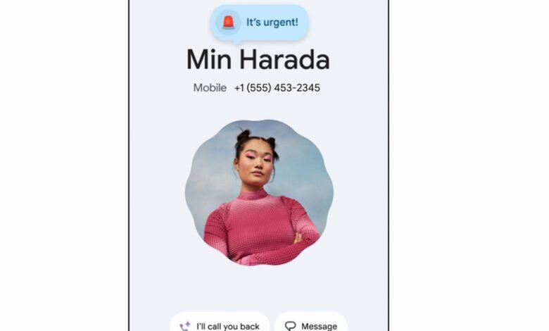 Contact card for Min Harada with urgent call notification and photo.