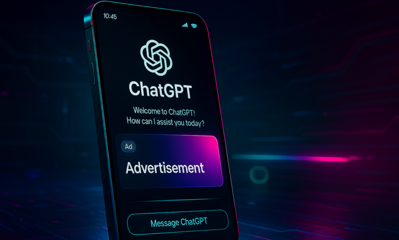 ChatGPT app interface on a smartphone with an advertisement displayed.