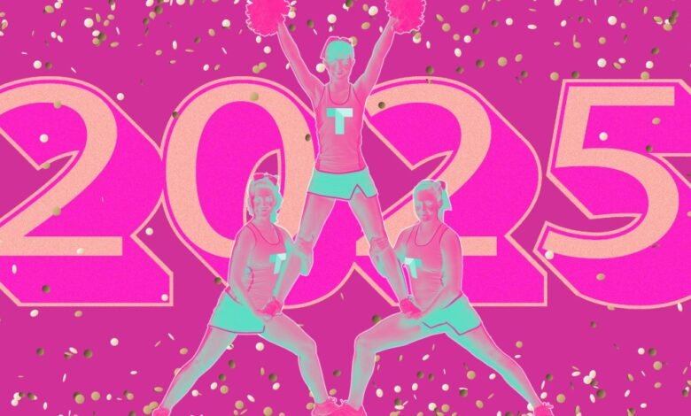 Three cheerleaders in a pyramid formation with '2025' in the background.