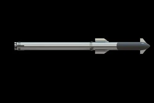 Silver missile with gray nose cone and fins against a black background.