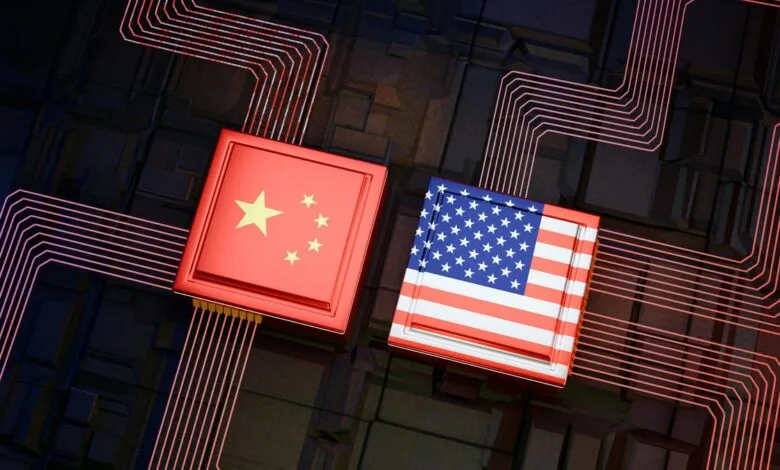 China and US flag chips on circuit board, representing tech competition.