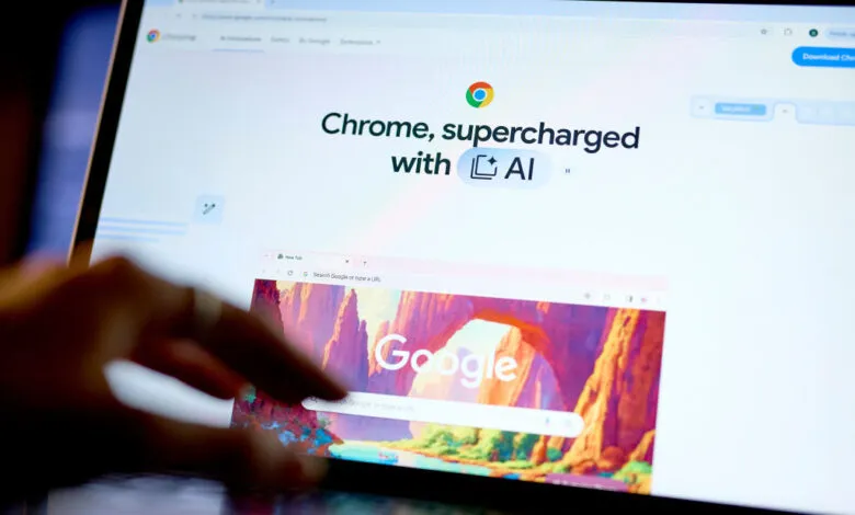 Laptop screen displaying Google Chrome website with AI features and a search bar.