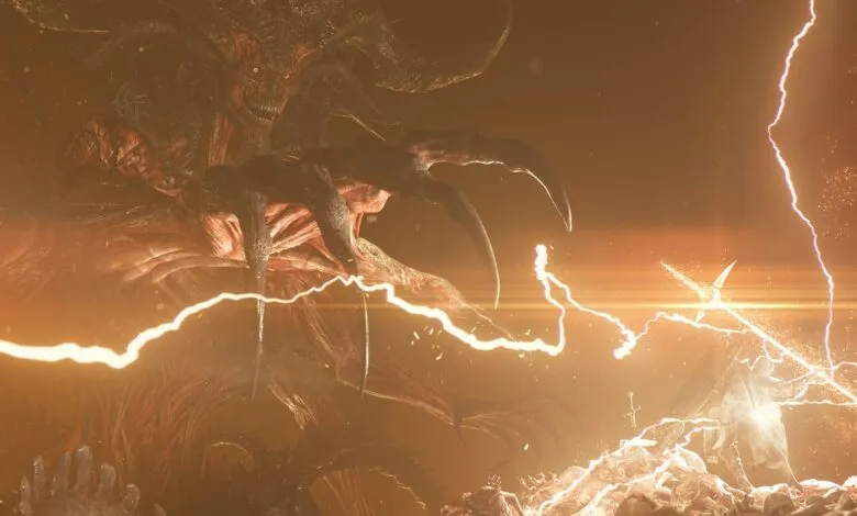Mephisto looms over a Paladin in a dramatic, lightning-filled battle scene.