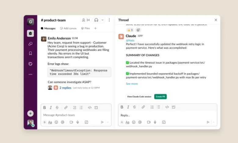 Slack interface showing a product team conversation and a thread with Claude app updates.