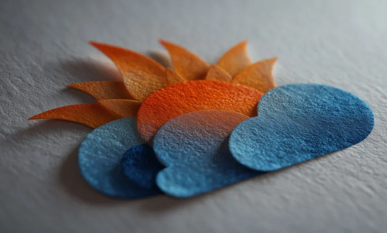 Stylized sun and cloud design in orange and blue hues.