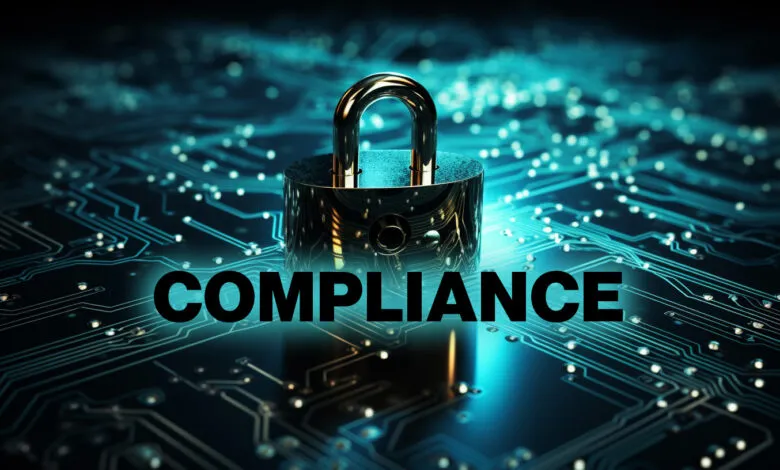 Padlock on circuit board with the word 'COMPLIANCE' in bold letters.