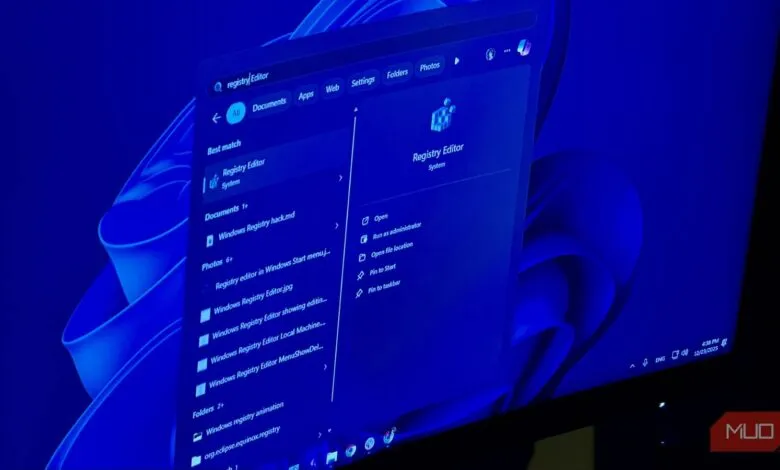 Windows 11 Start Menu showing Registry Editor search results.