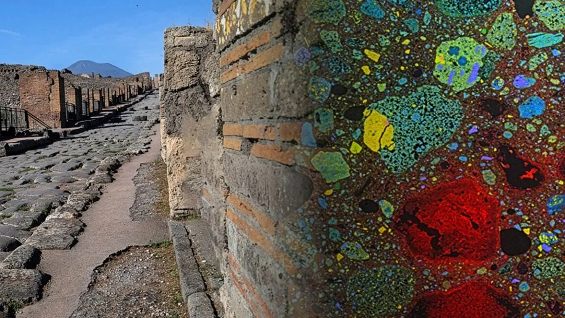Pompeii street view with Mount Vesuvius in background, colorful stone detail.