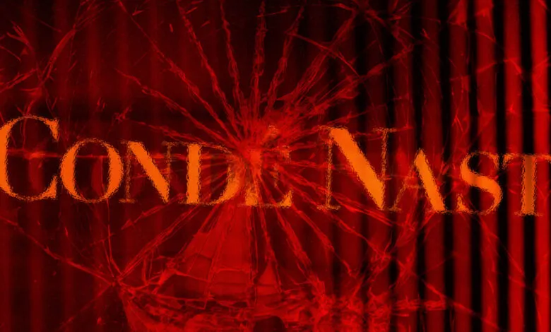Condé Nast text over a cracked, red background with vertical stripes.
