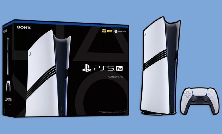 PlayStation 5 Pro console and controller with retail box on blue background.