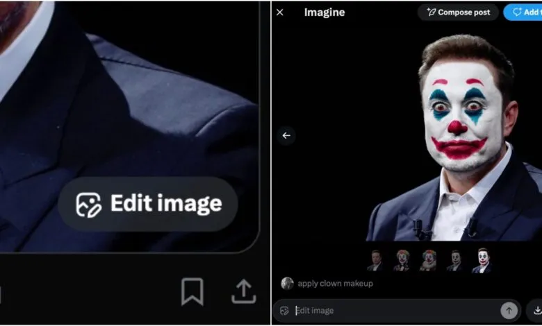 Elon Musk with clown makeup in a social media edit interface.