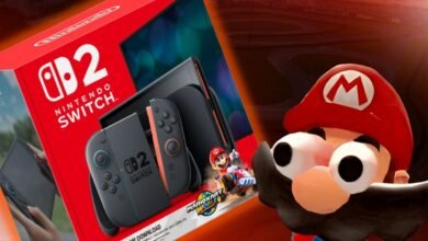 Nintendo Switch 2 console and Mario Kart World game box with Mario character.