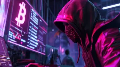 Person in hoodie and mask hacking Bitcoin on multiple monitors.