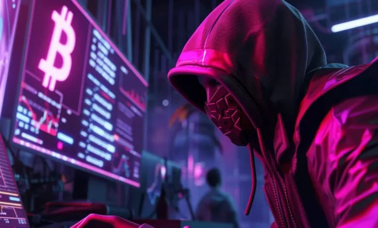 Person in hoodie and mask hacking Bitcoin on multiple monitors.