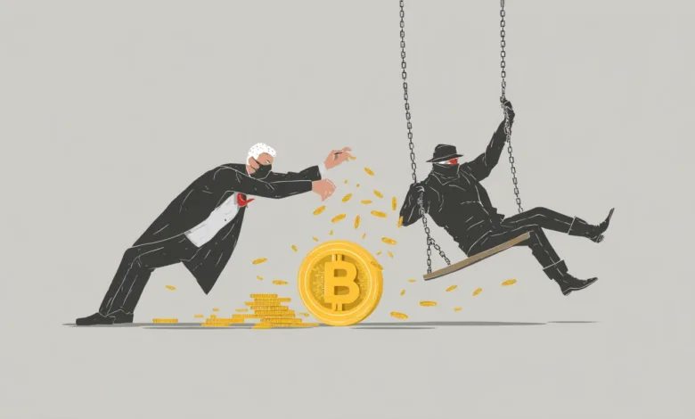 Illustration of a crypto scam with a businessman and a hacker on a swing.