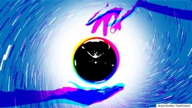 Hands reach for a black sphere against a swirling blue and white background.