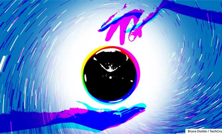 Hands reach for a black sphere against a swirling blue and white background.